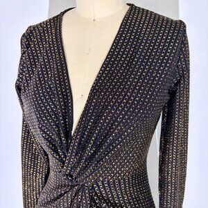 Betsey Johnson Black & Gold Long-Sleeved Twist Front Maxi Size Small